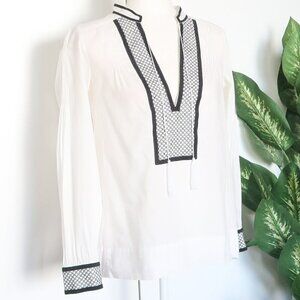 J. Crew White & Black Embroidered Cotton Tassel Tie Long Sleeve Shirt Blouse 2